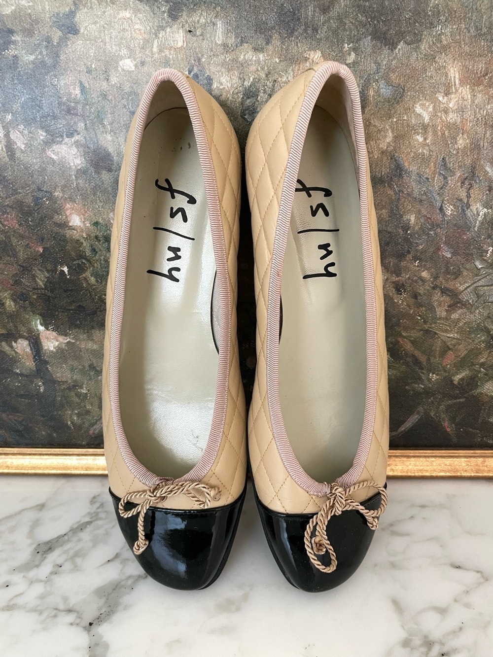 French Sole FS‎ / NY Ballet Flats Size 6.5 Beige Black Cap Toe - Picture 2 of 9